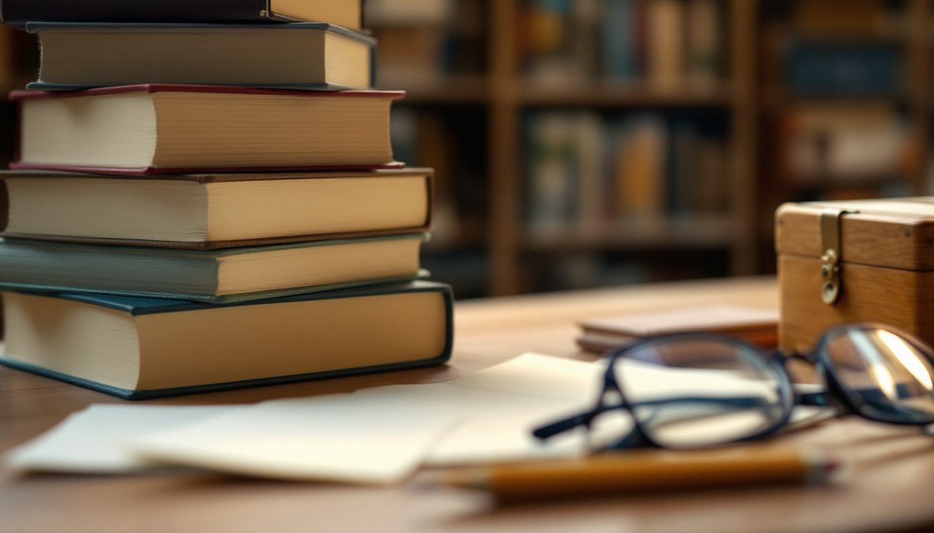 Стопка книг, деревянный ящик и карточки на столе в библиотеке, рядом очки